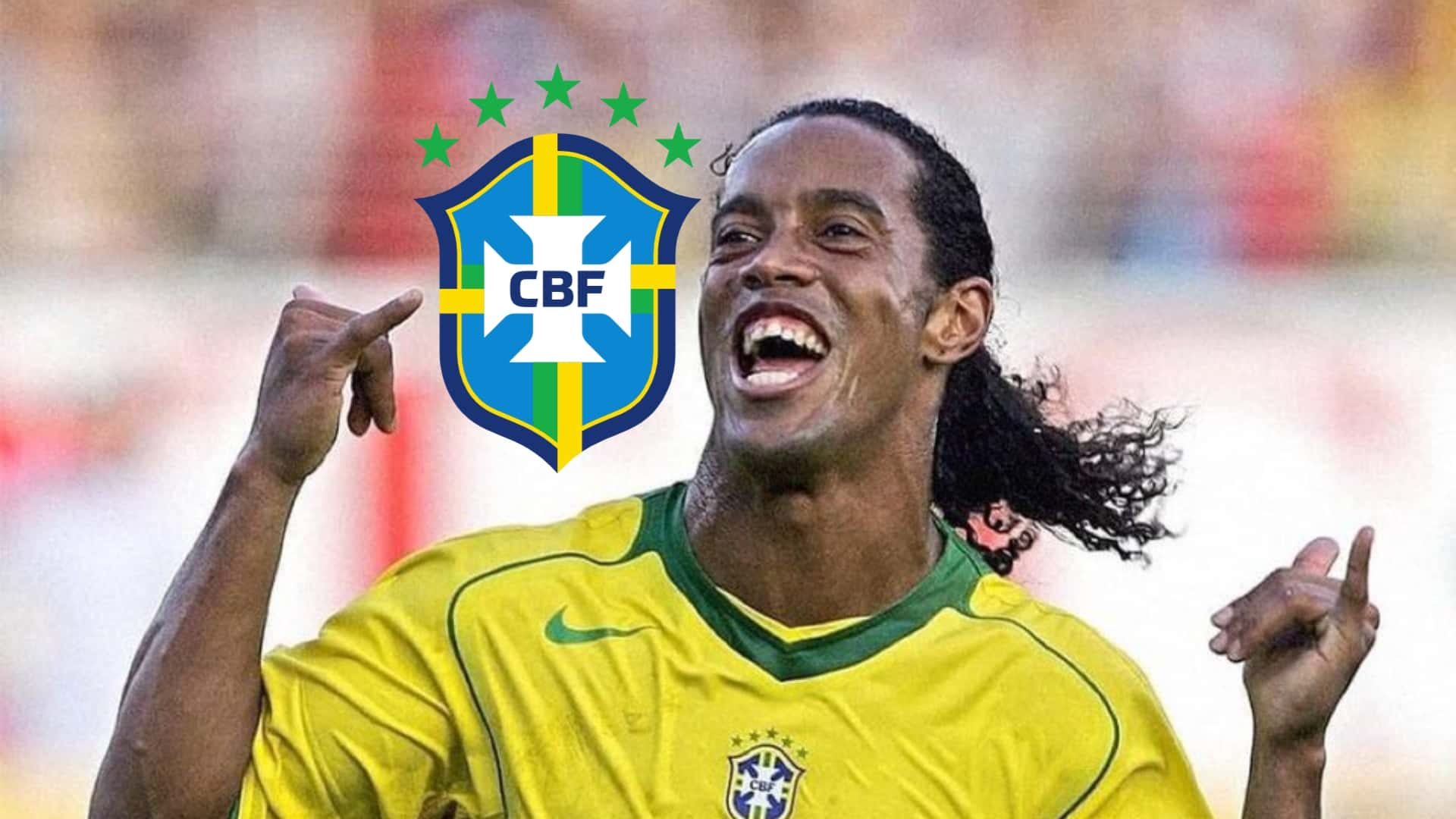Ronaldinho Gaucho smiles as he celebrates a goal while wearing the Brazil jersey; the Brazilian national team badge is next to him.
