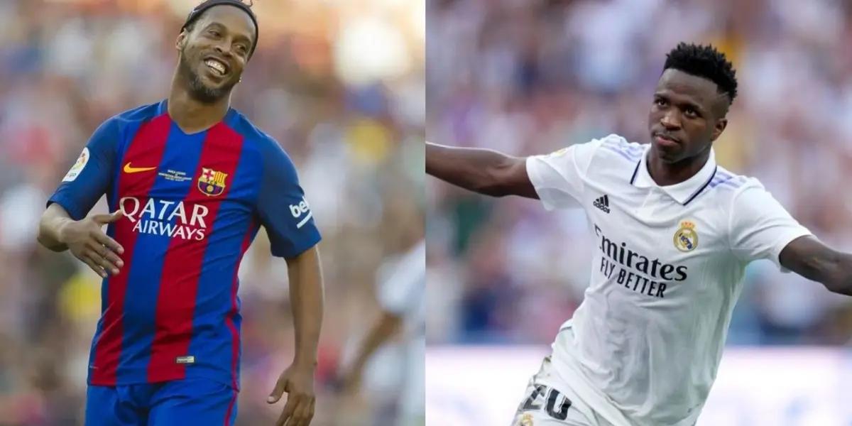 Ronaldinho wearing the FC Barcelona jersey and Vinicius Jr. with the Real Madrid jersey.