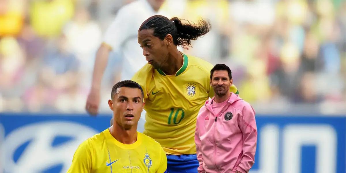 Ronaldinho wears the Brazil jersey while Cristiano Ronaldo and Lionel Messi wear their respective club attire. (Source: Ronaldinho X, Al Nassr X, Messi Xtra X)