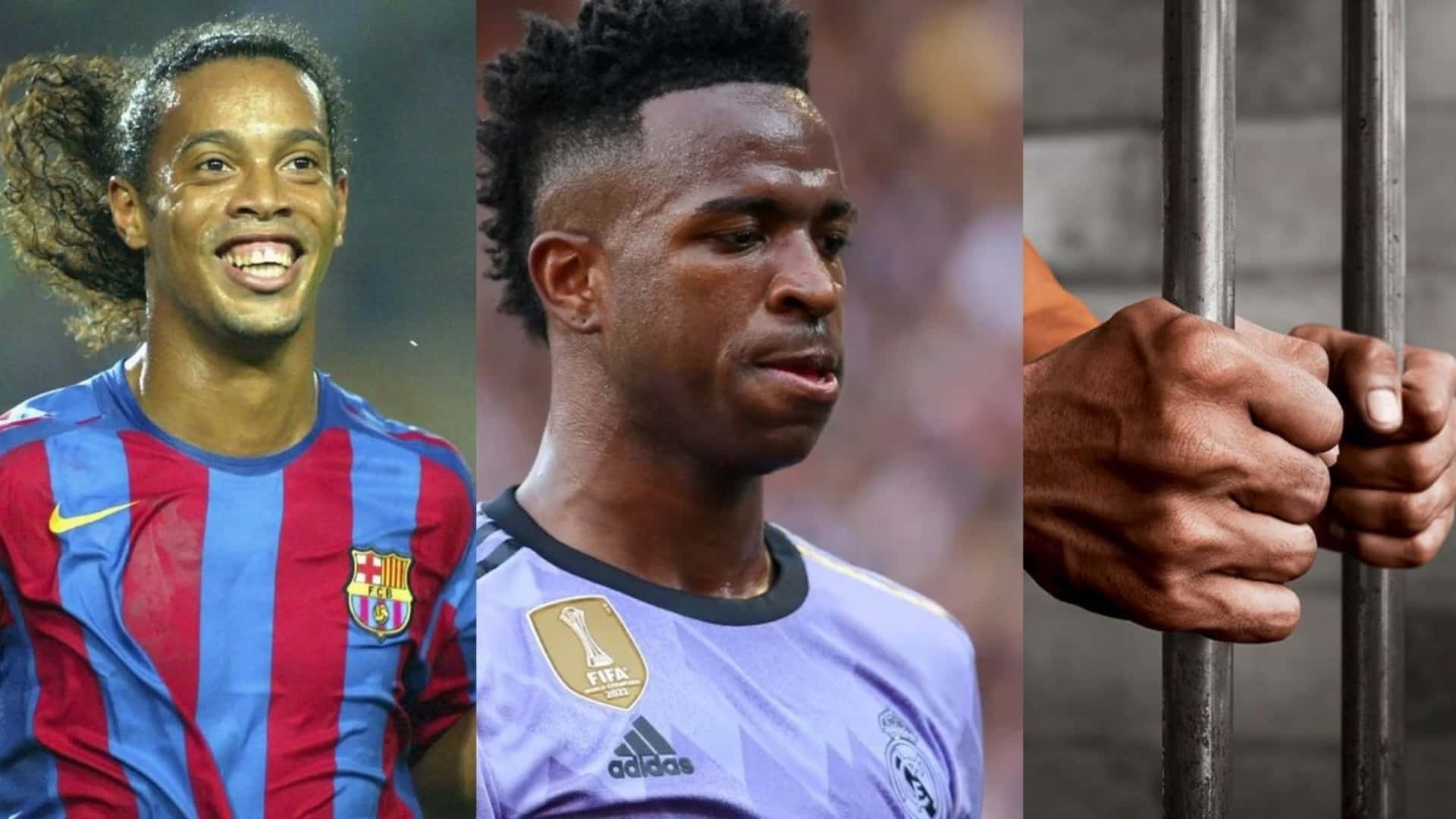 Ronaldinho with Barcelona jersey, Vinicus Jr. with Real Madrid jersey and a man behind bars.