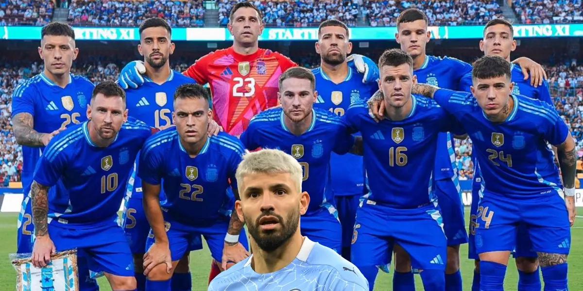 Sergio Aguero looks concerned while the Argentina national team poses for a team picture.