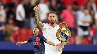 Sergio Ramos gives a thumbs up with Sevilla while Kylian Mbappé celebrates a goal with PSG.