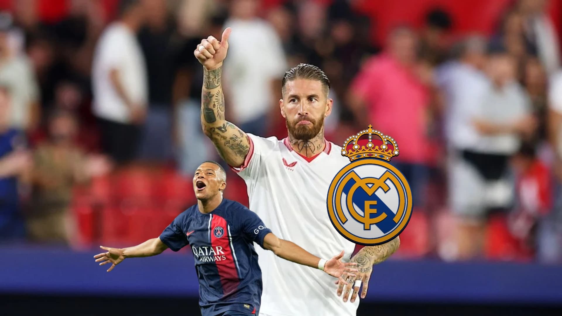 Sergio Ramos gives a thumbs up with Sevilla while Kylian Mbappé celebrates a goal with PSG.