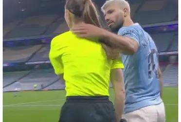 The Argentinian striker put his hand on the shoulder of assistant referee Sian Massey-Ellis in Manchester City's victory against Arsenal.