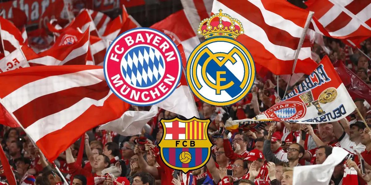 The badges of Bayern Munich, Real Madrid, and FC Barcelona with the background of Bayern fans.