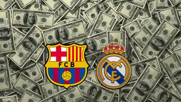 The badges of FC Barcelona and Real Madrid in front of loads of cash.