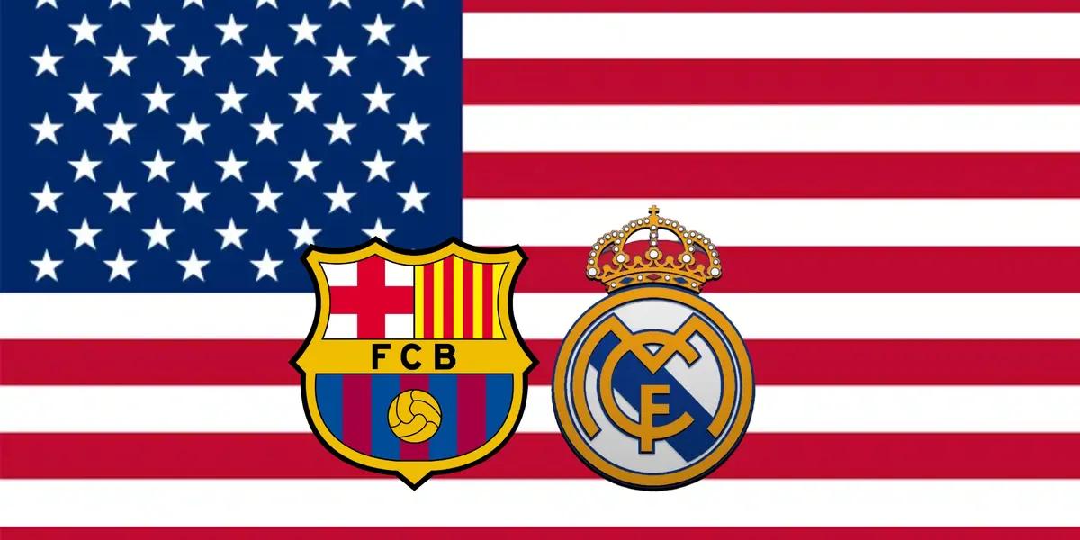 The badges of FC Barcelona and Real Madrid with the background of the United States flag.