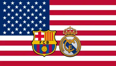 The badges of FC Barcelona and Real Madrid with the background of the United States flag.