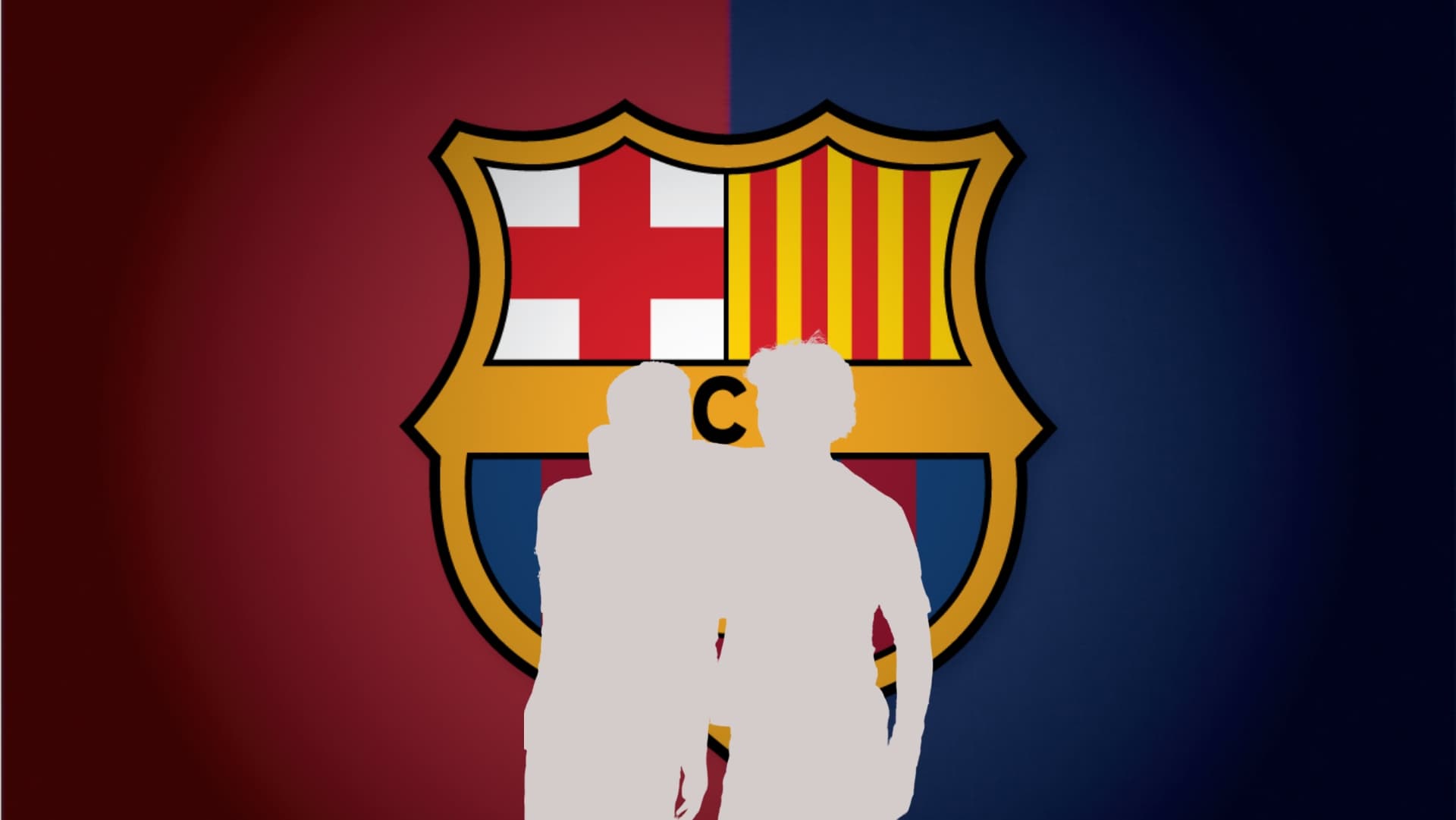 The FC Barcelona logo is in the background while two mystery players are hugging each other to celebrate a goal. (Source: FC Barcelona X)