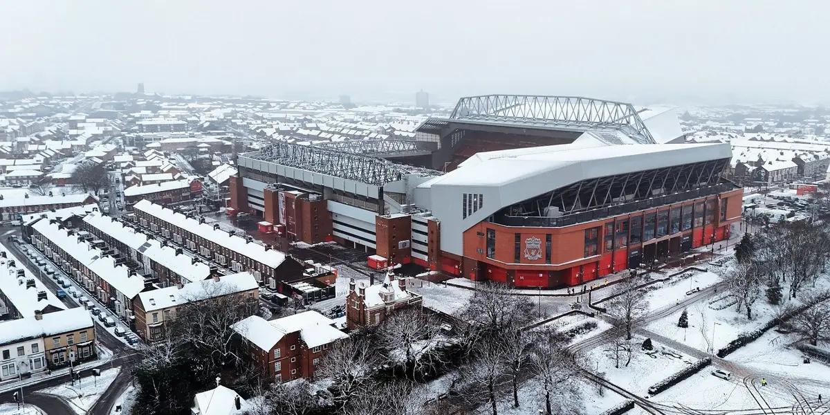 The Reds' stadium pitch is affected by snowfall just moments before the England derby is due to take place