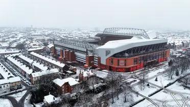 The Reds' stadium pitch is affected by snowfall just moments before the England derby is due to take place
