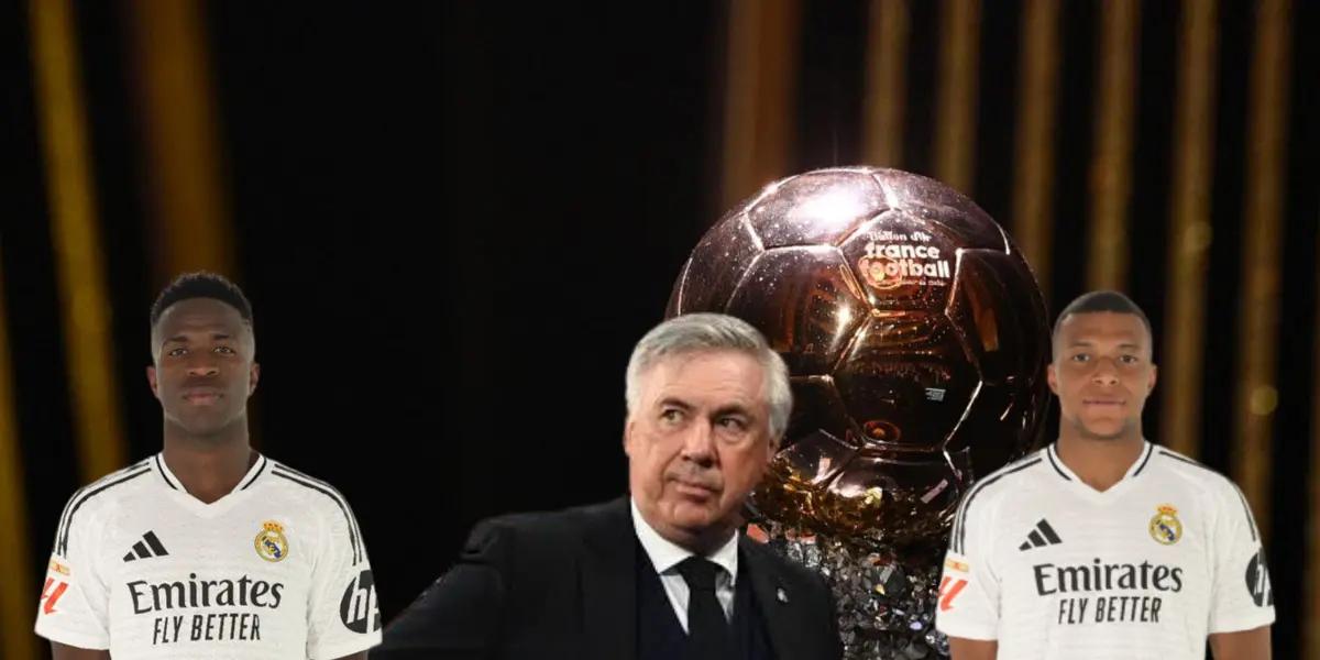 Vini, Mbappé y Ancelotti con el balón de Oro