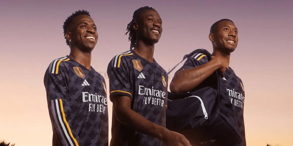 Vinicius Jr., Eduardo Camavinga and David Alaba with the Real Madrid jerseys on.