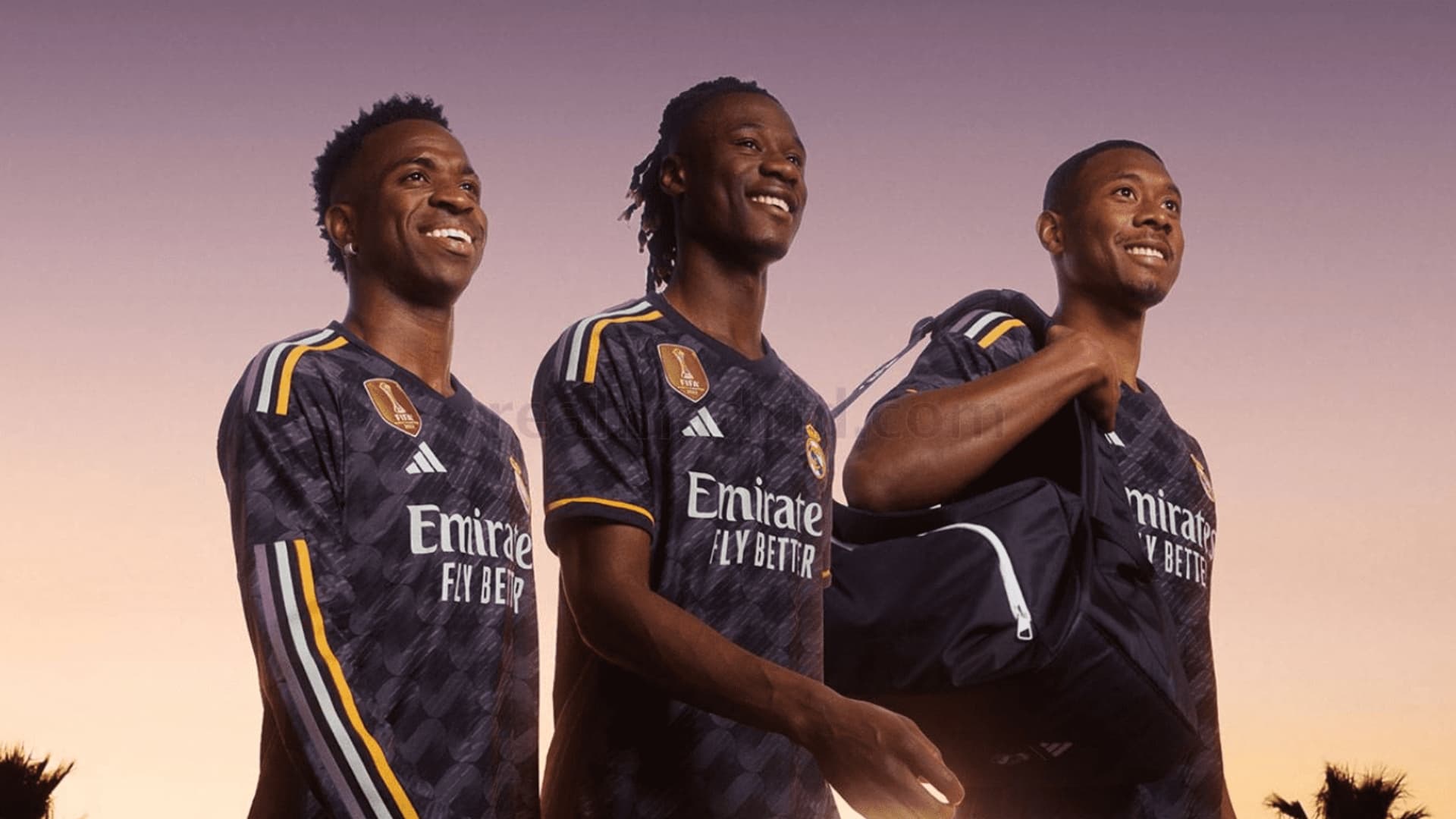 Vinicius Jr., Eduardo Camavinga and David Alaba with the Real Madrid jerseys on.