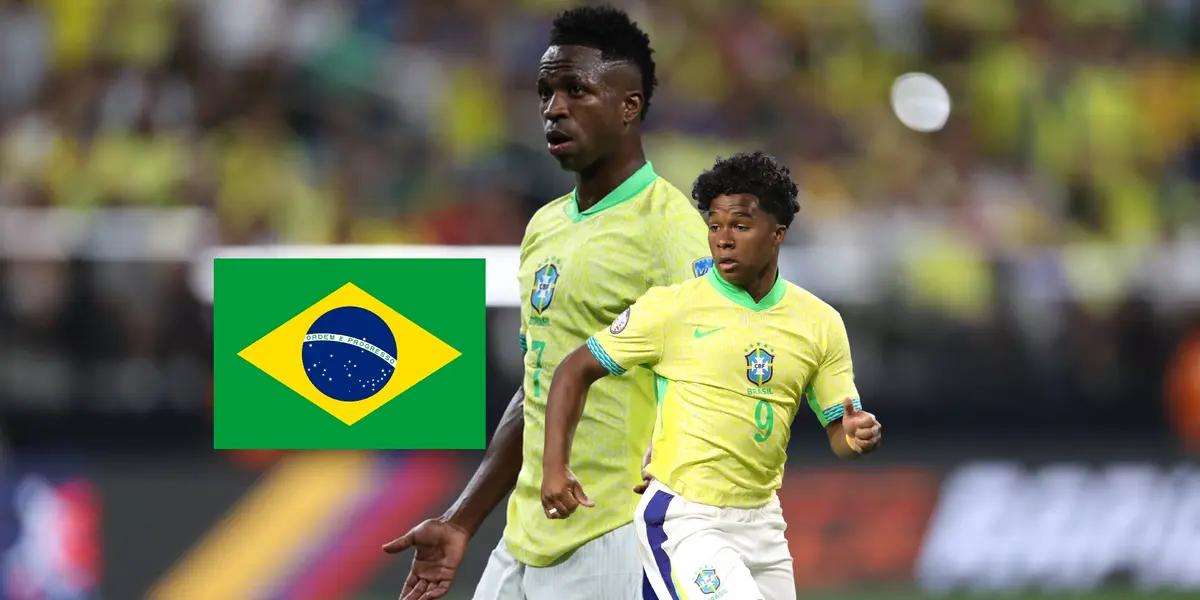 Vinicius Jr. looks concerned while Endrick runs for the ball as the Brazilian flag is next to him. (Source: Centre Goals X)
