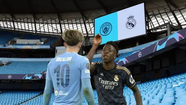 Vinicius Jr makes a gesture to Jack Grealish in Man City vs Real Madrid.