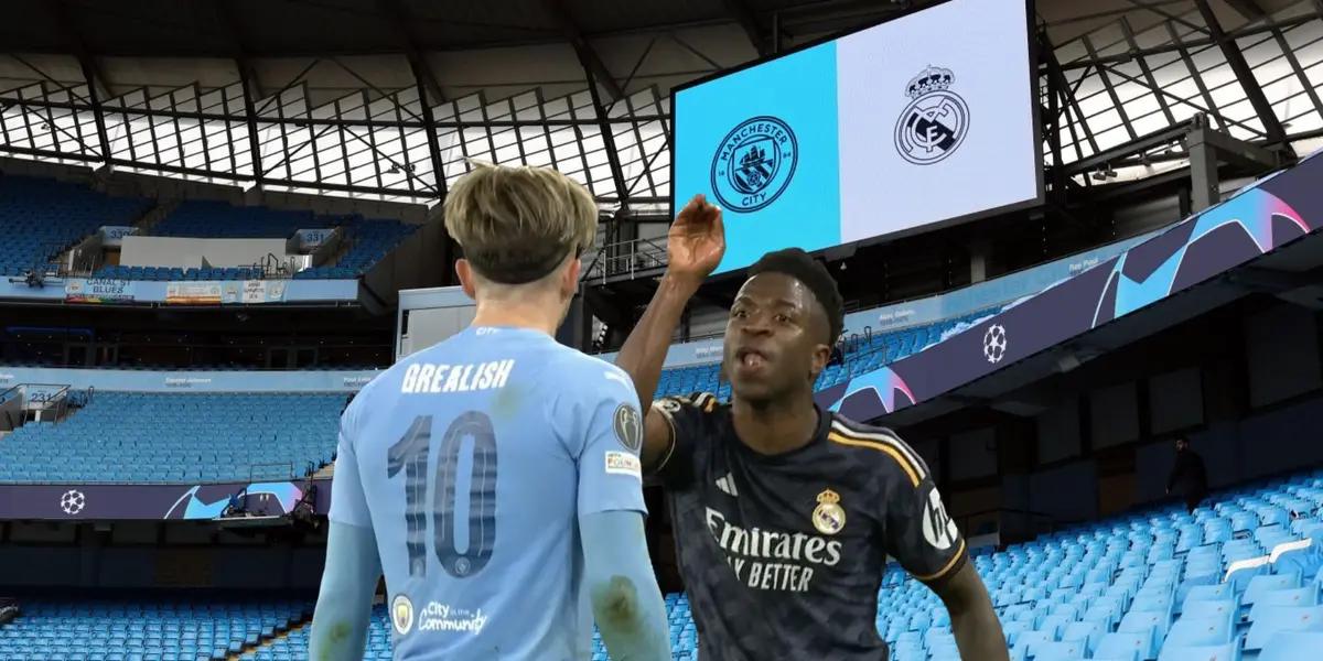 Vinicius Jr makes a gesture to Jack Grealish in Man City vs Real Madrid.