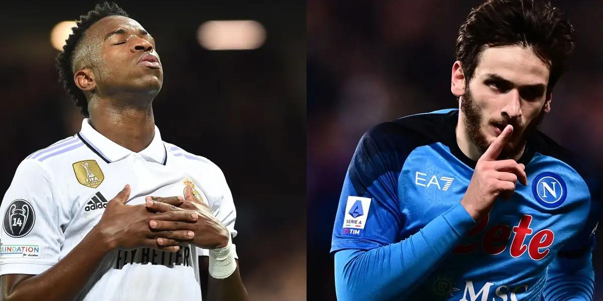 Vinicius Jr with Real Madrid jersey and Khvicha Kvaratskhelia with Napoli jersey.