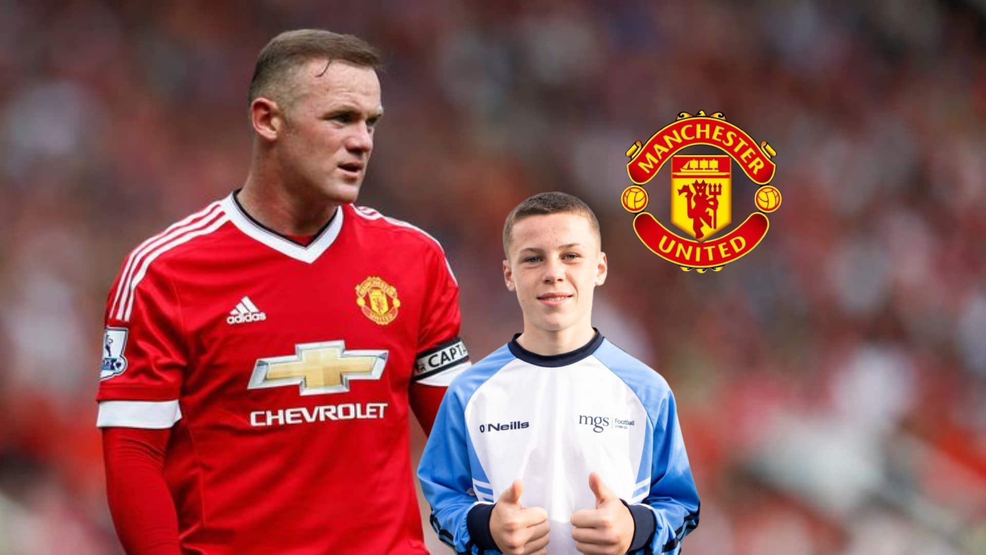 Wayne Rooney looks to the side while wearing the Man United jersey as his son Kai Rooney throws two thumbs up and the club logo is near them. (Source: Sky Sports, Gothia Cup)