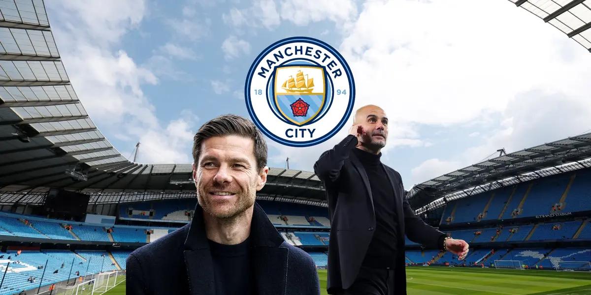 Xabi Alonso smiles as Bayer Leverkusen coach while Pep Guardiola smiles as Man City coach.