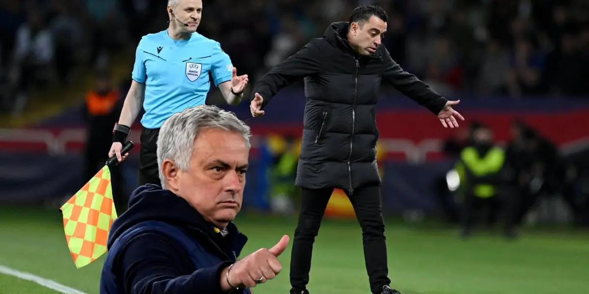 Xavi Hernandez angry during the FC Barcelona vs PSG match while Mourinho throws a thumbs up.