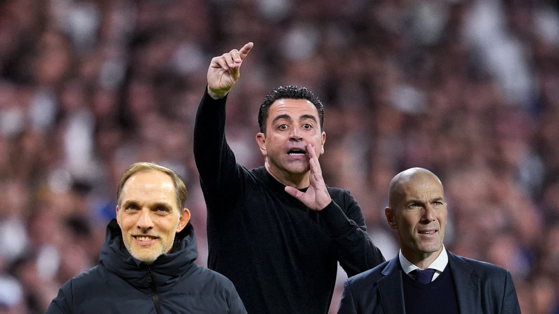 Xavi Hernandez gives instructions to his players while Thomas Tuchel smiles and Zinedine Zidane looks confused.