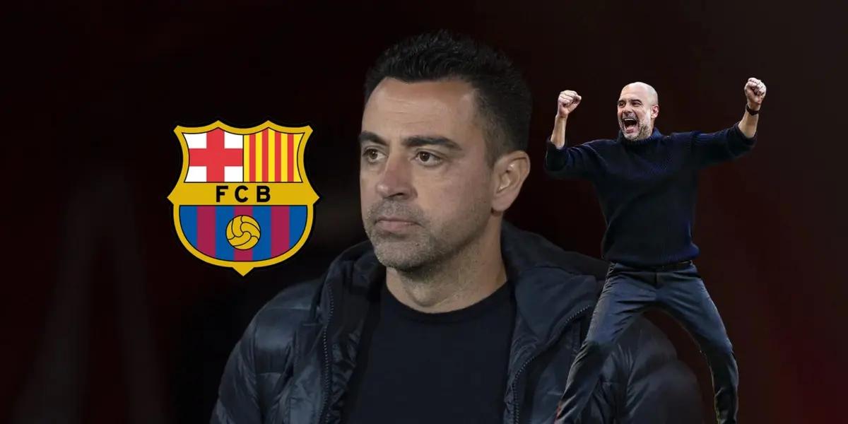 Xavi Hernandez looks serious while Pep Guardiola celebrates, an FC Barcelona badge is next to Xavi.