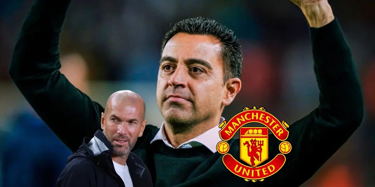 Xavi Hernandez looks up while Zinedine Zidane looks to the side; the Manchester United logo is next to him.