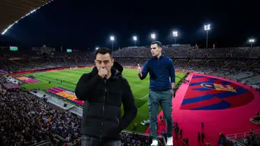 Xavi is worried during an FC Barcelona match while Rafael Marquez gives the thumbs up.