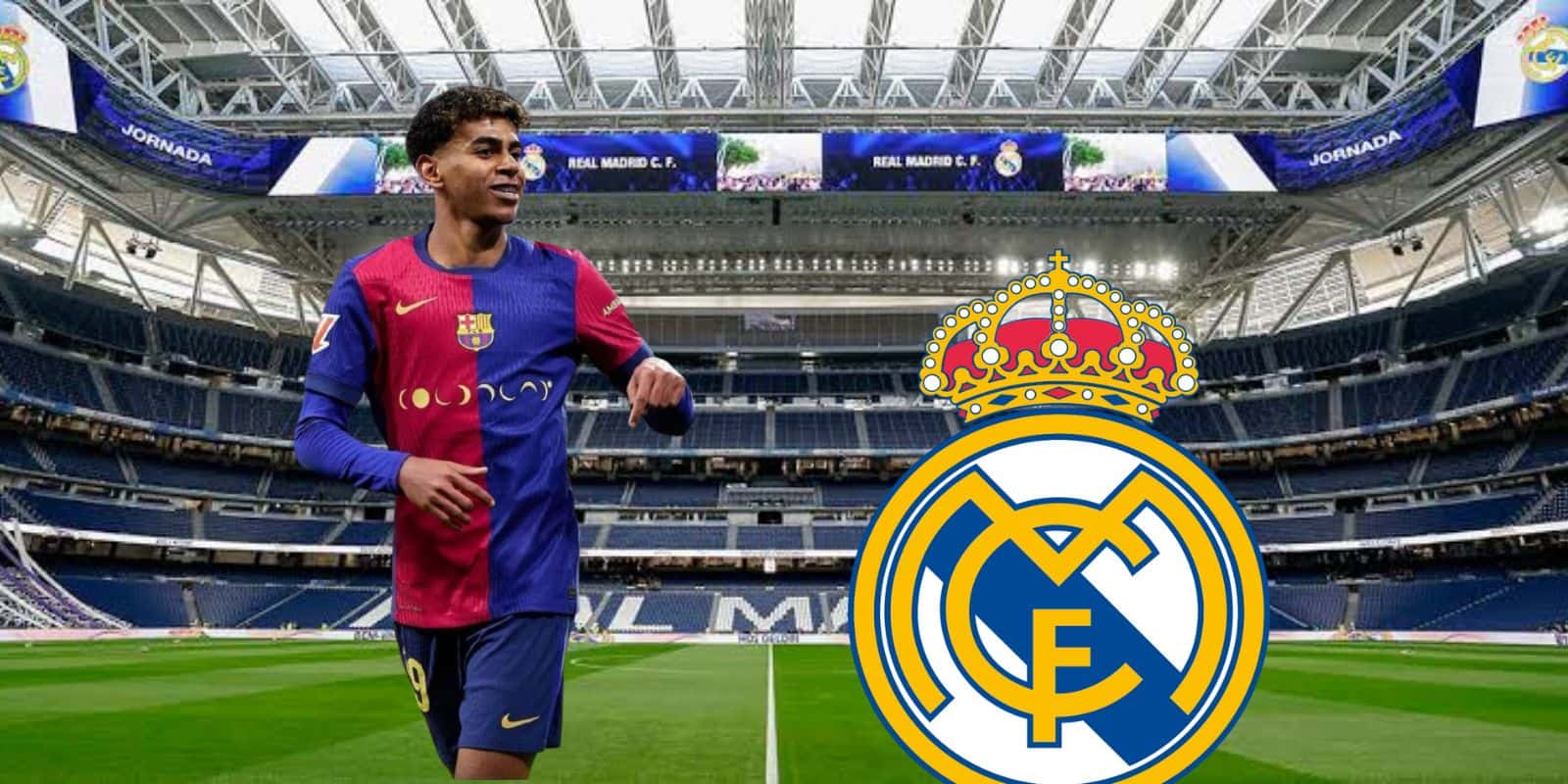 Yamal en el Bernabéu con el logo del Madrid/FOTO: Barcelo