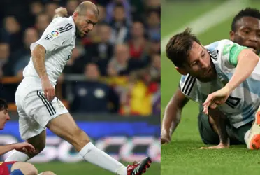 Zinedine Zidane interviewed Messi today, but look at when Lionel had to foul Zizou.