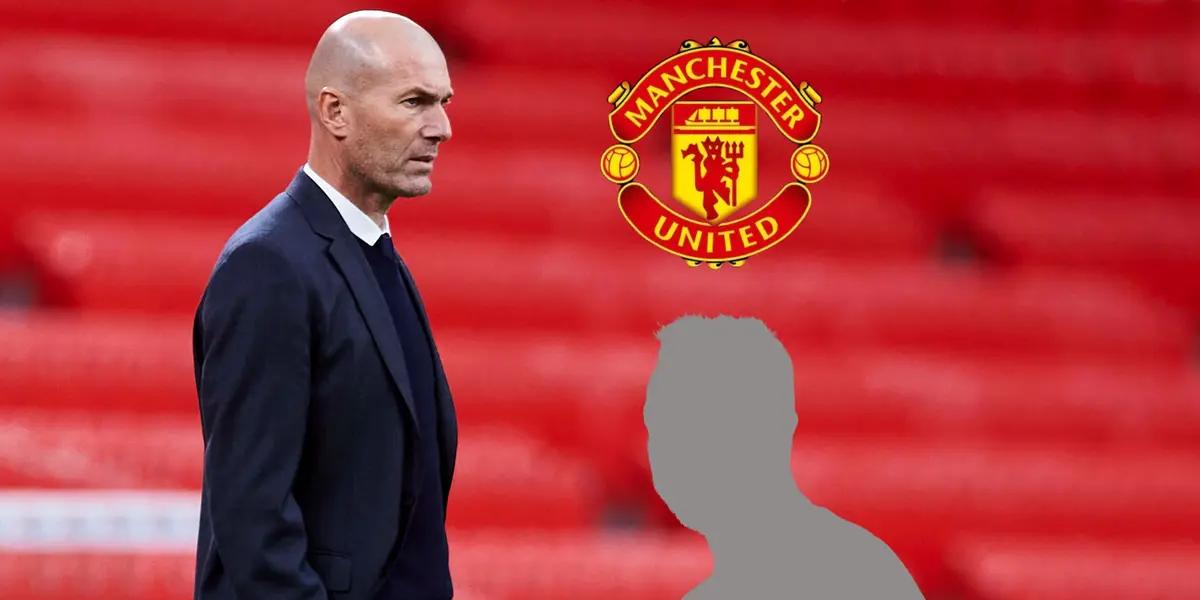 Zinedine Zidane looks serious while the Manchester United badge and a mystery manager is next to him.