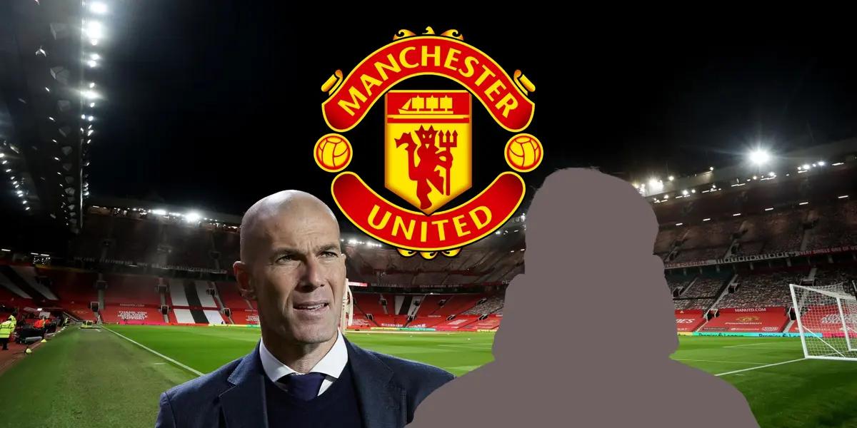 Zinedine Zidane serious as a Real Madrid coach with the background of Manchester United's stadium, Old Trafford.