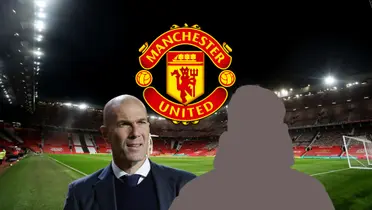 Zinedine Zidane serious as a Real Madrid coach with the background of Manchester United's stadium, Old Trafford.