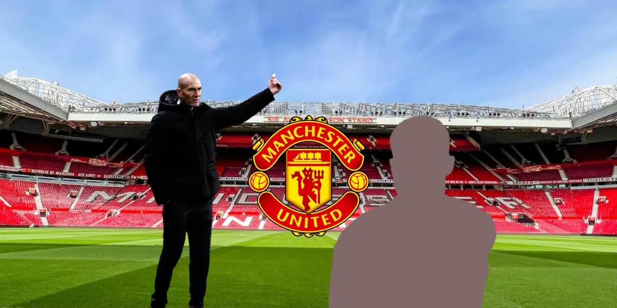 Zinedine Zidane throws a thumbs up with the background of Manchester United's stadium, Old Trafford.