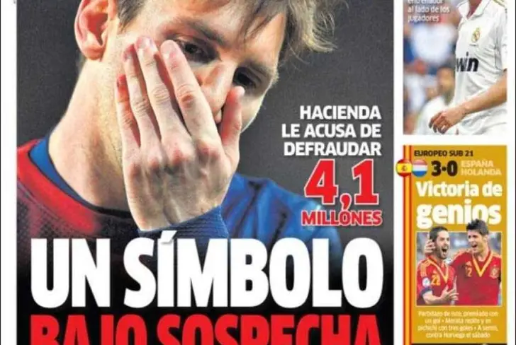Cover of MARCA on June 13, 2013, which reported that Lionel Messi was being investigated for not paying taxes properly